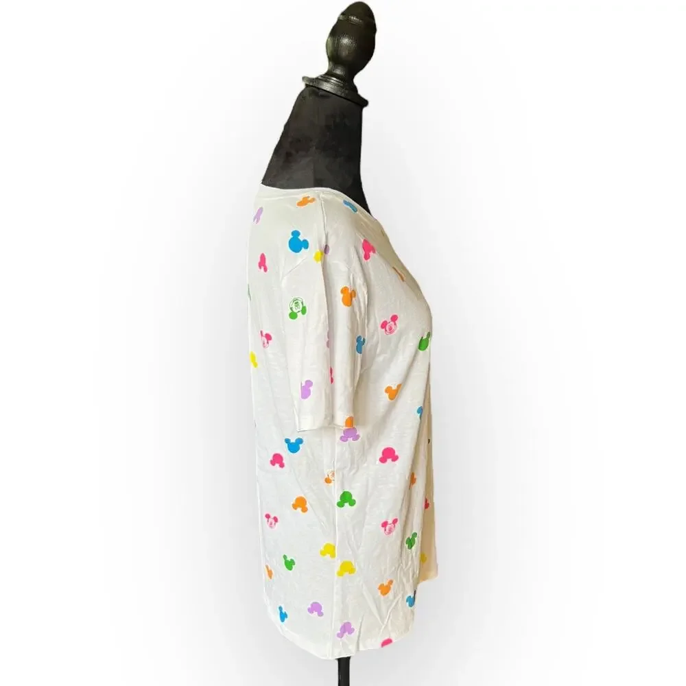 Disney Women's White with Multicolored Mickey Mouse Heads Print T-Shirt Size Med - Picture 5 of 9